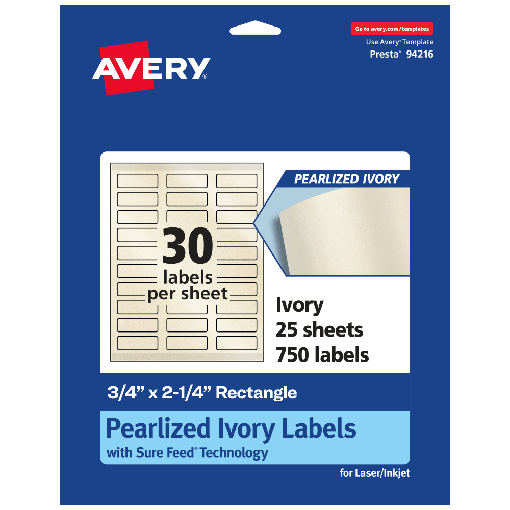 Avery Pearlized Permanent Labels With Sure Feed, 94216-PIP25, Rectangle, 3/4in x 2-1/4in, Ivory, Pack Of 750 Labels