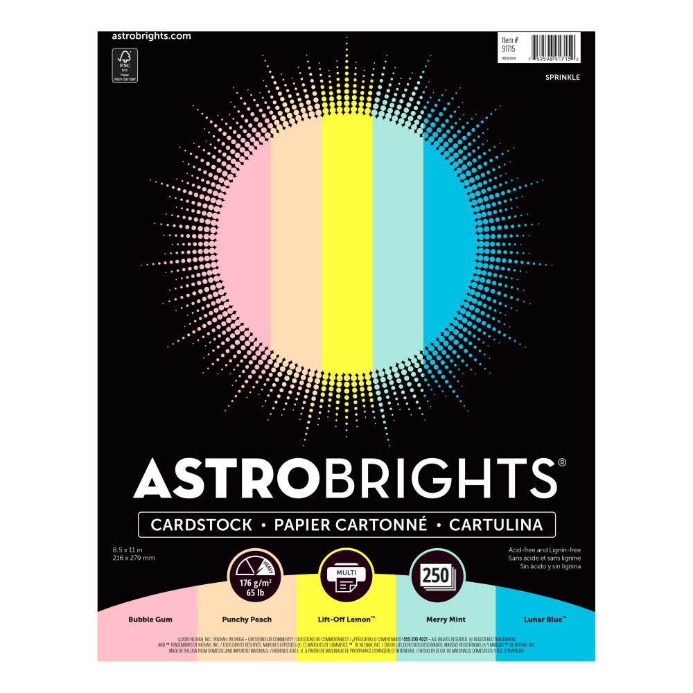 Astrobrights Color Card Stock, Assorted Colors, Letter (8.5in x 11in), 65 Lb, Pack Of 250