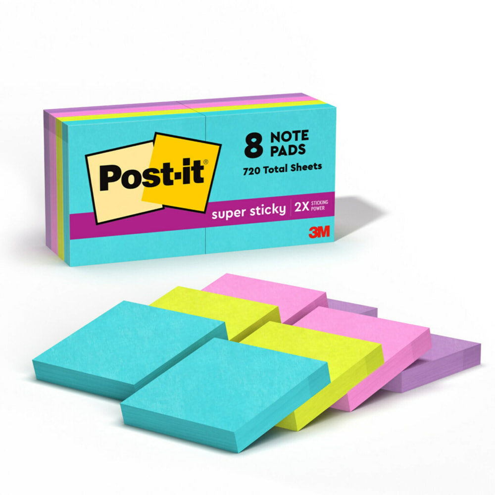 Post-it Super Sticky Notes, 1.88 x 1.88 in, 8 Mini Sticky Note Pads, 90 Sheets/Pad, 2X the Sticking Power, School Supplies, Supernova Neons