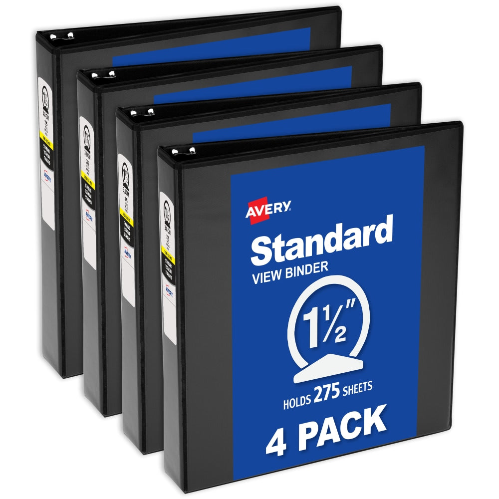 Avery Standard View 3 Ring Binders, 1.5in Round Rings, Black, Pack Of 4