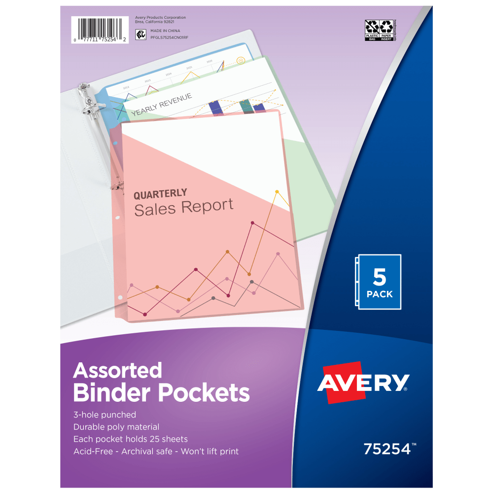 Avery Binder Pockets For 3 Ring Binders, Assorted (Blue, Clear, Green, Pink, Yellow), Pack Of 5 Binder Pockets