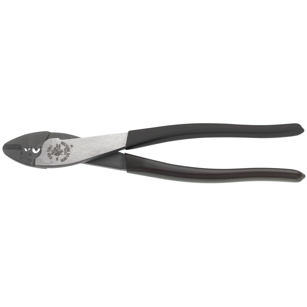 Klein Tools Crimper/Cutter, 9.75 in L, 10 AWG to 22 AWG Non Insulated Terminals, Black Plastic Dipped Handle