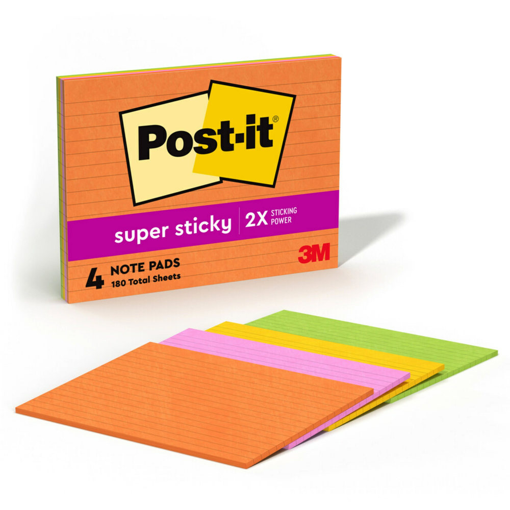 Post-it Super Sticky Notes, 6 x 8 in, 4 Lined Sticky Note Pads, 45 Sheets/Pad, 2X Sticking Power, School and Office Supplies, Energy Boost, 6845SSPL