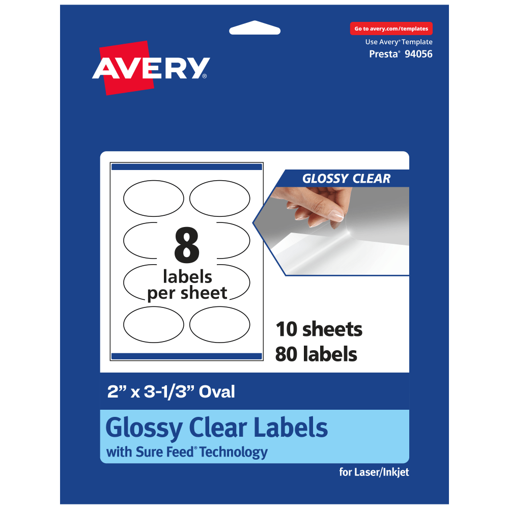 Avery Glossy Permanent Labels With Sure Feed, 94056-CGF10, Oval, 2in x 3-1/3in, Clear, Pack Of 80