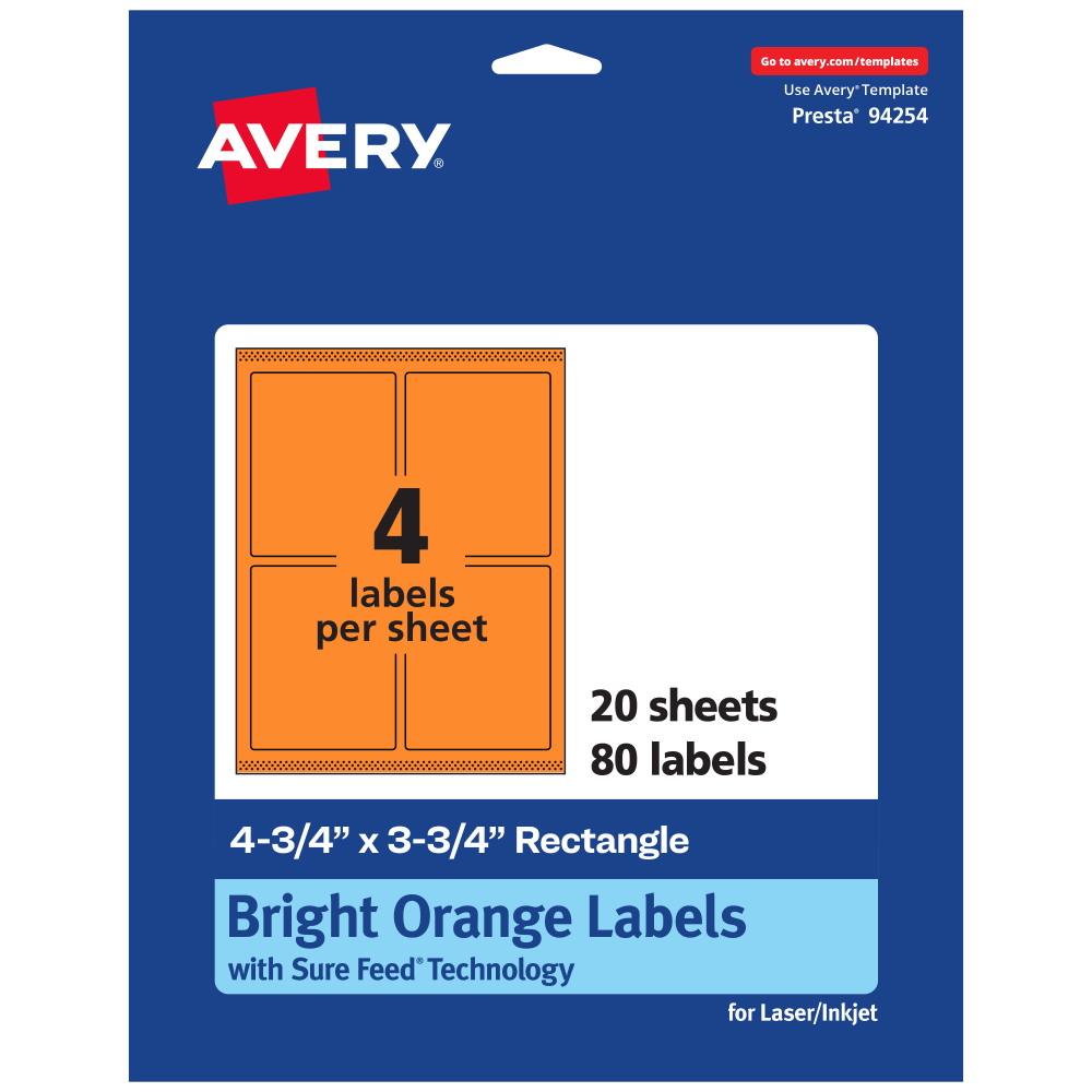 Avery Print-To-The-Edge Labels With Sure Feed Technology And Easy Peel, 94254-BOP20, Rectangle, 4-3/4in x 3-3/4in, Matte Bright Orange, Pack of 80