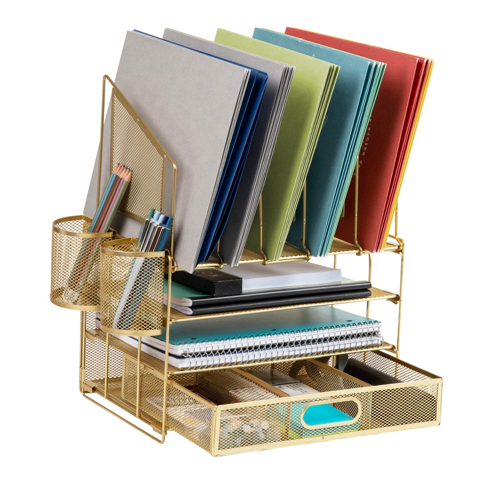 Office Depot Brand Mesh Desk Organizer With Vertical Storage And Pen Holders, 16inH x 12-3/4inW x 9-1/2inD, Gold