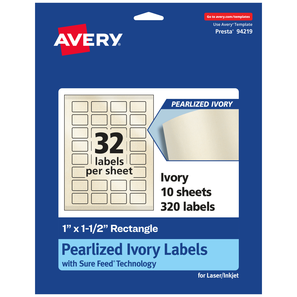 Avery Pearlized Permanent Labels With Sure Feed, 94219-PIP10, Rectangle, 1in x 1-1/2in, Ivory, Pack Of 320 Labels