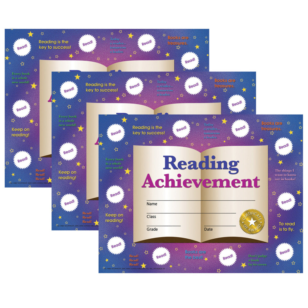 Hayes Publishing Reading Achievement Certificates and Reward Seals, 8.5in x 11in, 30 Certificates Per Pack, Set Of 3 Packs