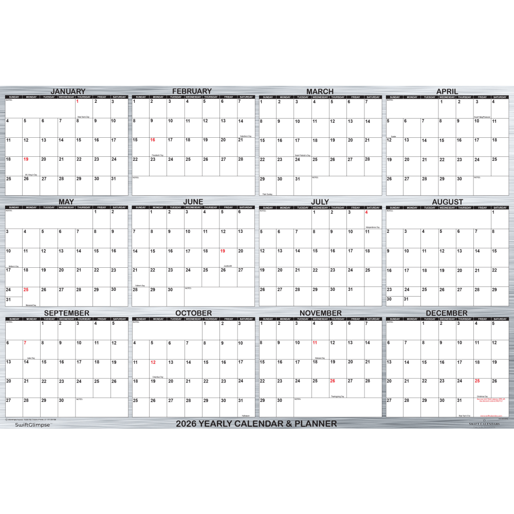 2026 SwiftGlimpse Designer Wall Calendar, 24in x 36in, Gray Silver/White, January To December