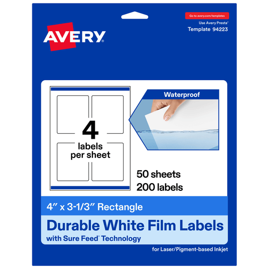 Avery Waterproof Permanent Labels With Sure Feed, 94223-WMF50, Rectangle, 4in x 3-1/3in, White, Pack Of 200