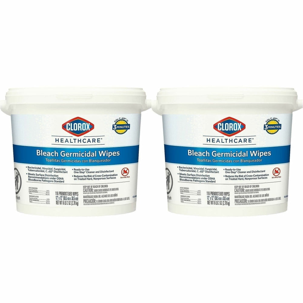 Clorox Healthcare Bleach Germicidal Wipes Bucket - Ready-To-Use - 12in Lx12in W - Anti-corrosive, Antibacterial - White - 110/Tub - 2/Carton - 30358CT