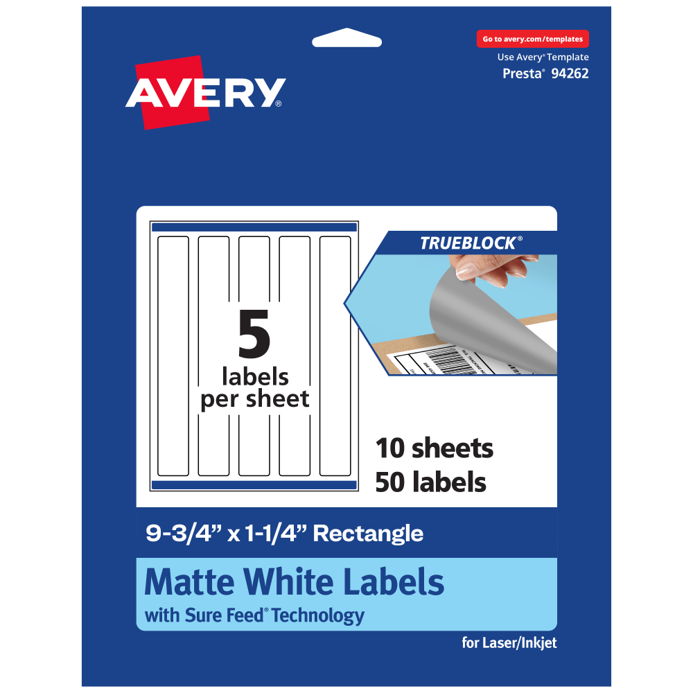 Avery Print-To-The-Edge TrueBlock Labels With Sure Feed, 94262-TWMP10, Rectangle, 9-3/4in x 1-1/4in, Matte White, Pack Of 50