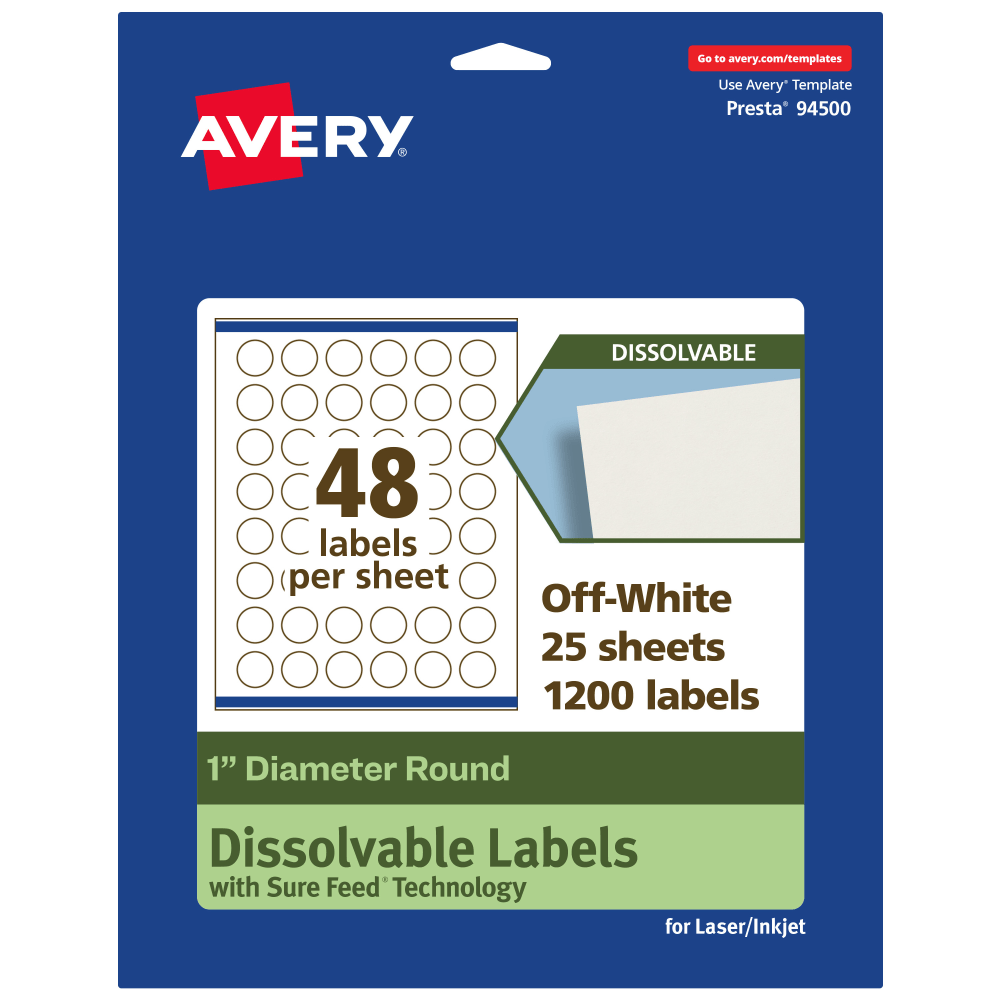 Avery Print-to-the-Edge Dissolvable Labels With Sure Feed Technology, 94500-DWMP25, Round, 1in, Matte Off-White, Pack Of 1200