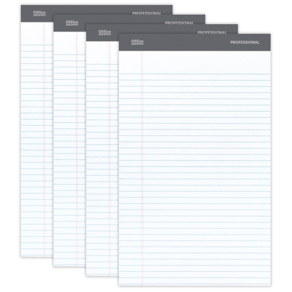 Office Depot Brand Professional Writing Pads, 8-1/2in x 14in, Legal/Wide Ruled, 50 Sheets, White, Pack Of 4