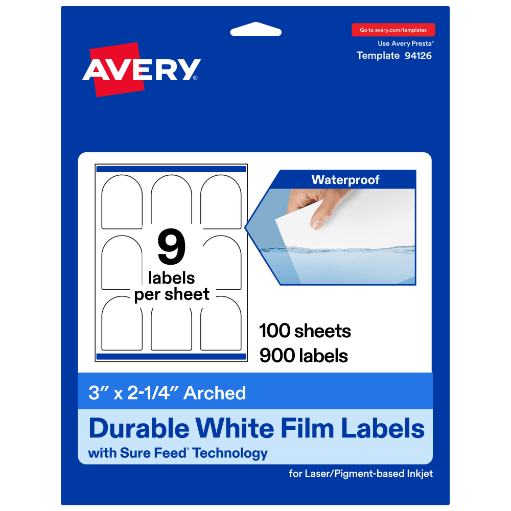 Avery Waterproof Permanent Labels With Sure Feed, 94126-WMF100, Arched, 3in x 2-1/4in, White, Pack Of 900
