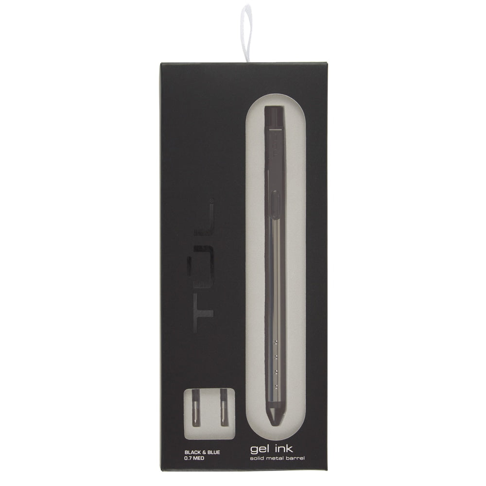 TUL Fine Writing Solid Metal Barrel Retractable Gel Pen With 2 Refills, Medium Point, 0.7 mm, Gunmetal Barrel, Black & Blue Inks