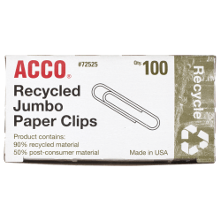 ACCO Paper Clips, Box Of 100, Jumbo, 90% Recycled, Silver