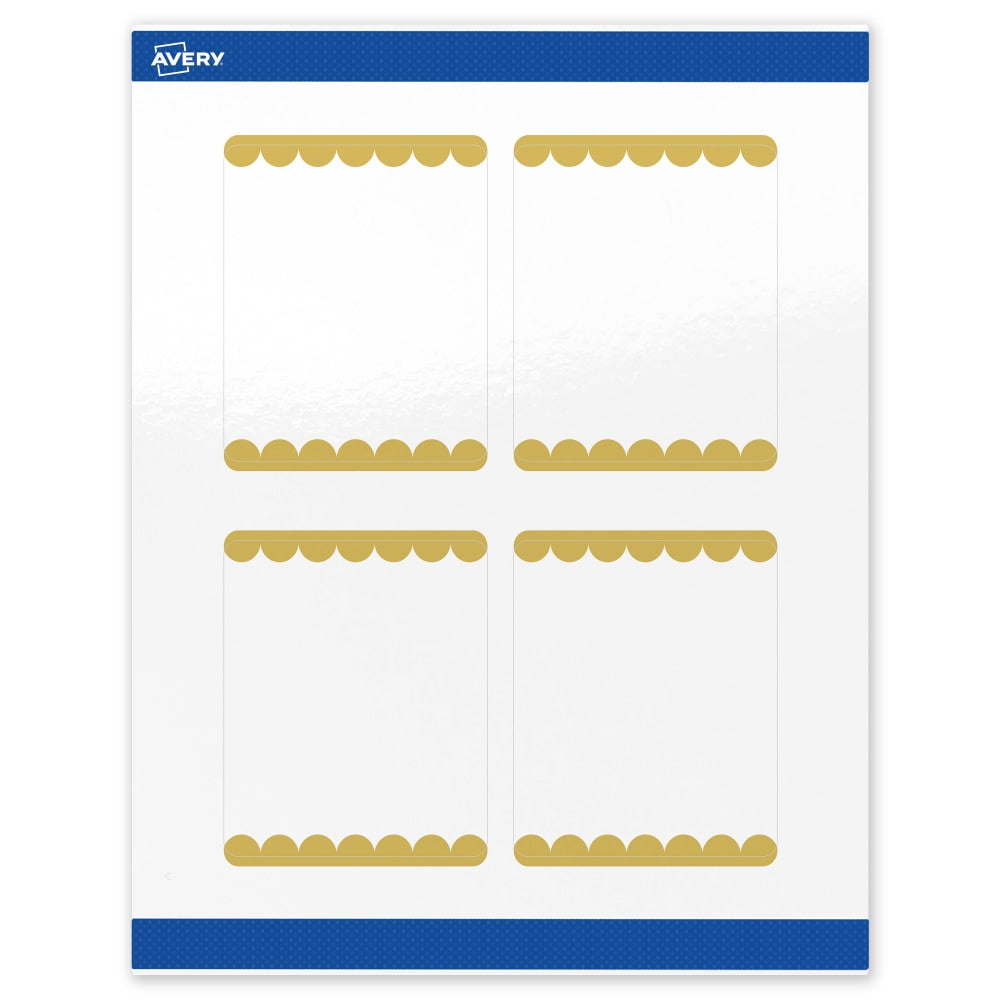 Avery Print-To-The-Edge Labels & Sure Feed, S00-DJZ-PRWGP10, 4in x 3-1/3in, Glossy White, Preprinted Gold Dots Edge Design, Pack Of 40