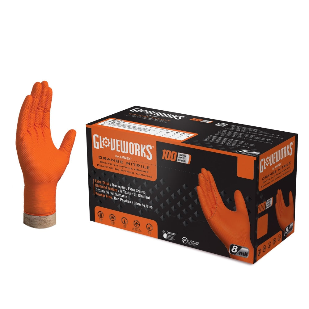Gloveworks GWON Heavy Duty RDT Nitrile Gloves, Extra Large, Orange, 100 Gloves Per Box, Case Of 10 Boxes