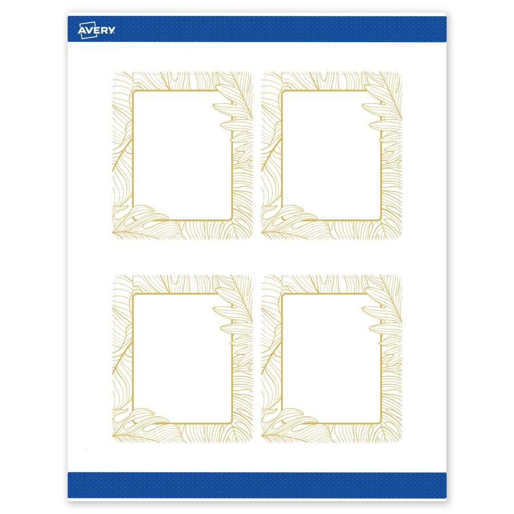 Avery Printable Labels With Sure Feed Technology, S00-EVW, Rectangle, 4in x 3-1/3in, Matte White With Preprinted Gold Leaf Pattern, Pack Of 40
