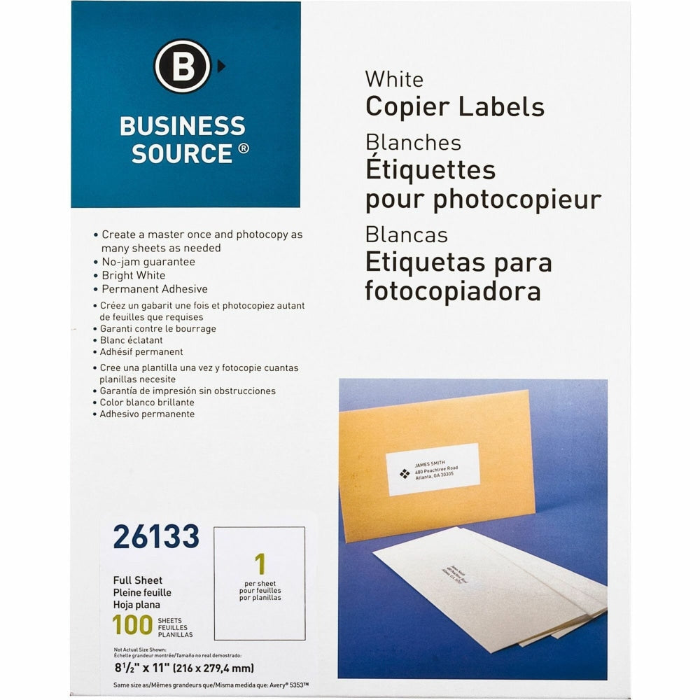 Business Source 8-1/2inx11in Copier Labels - 8 1/2in Width x 11in Length - Rectangle - White - 1 / Sheet - 100 / Pack
