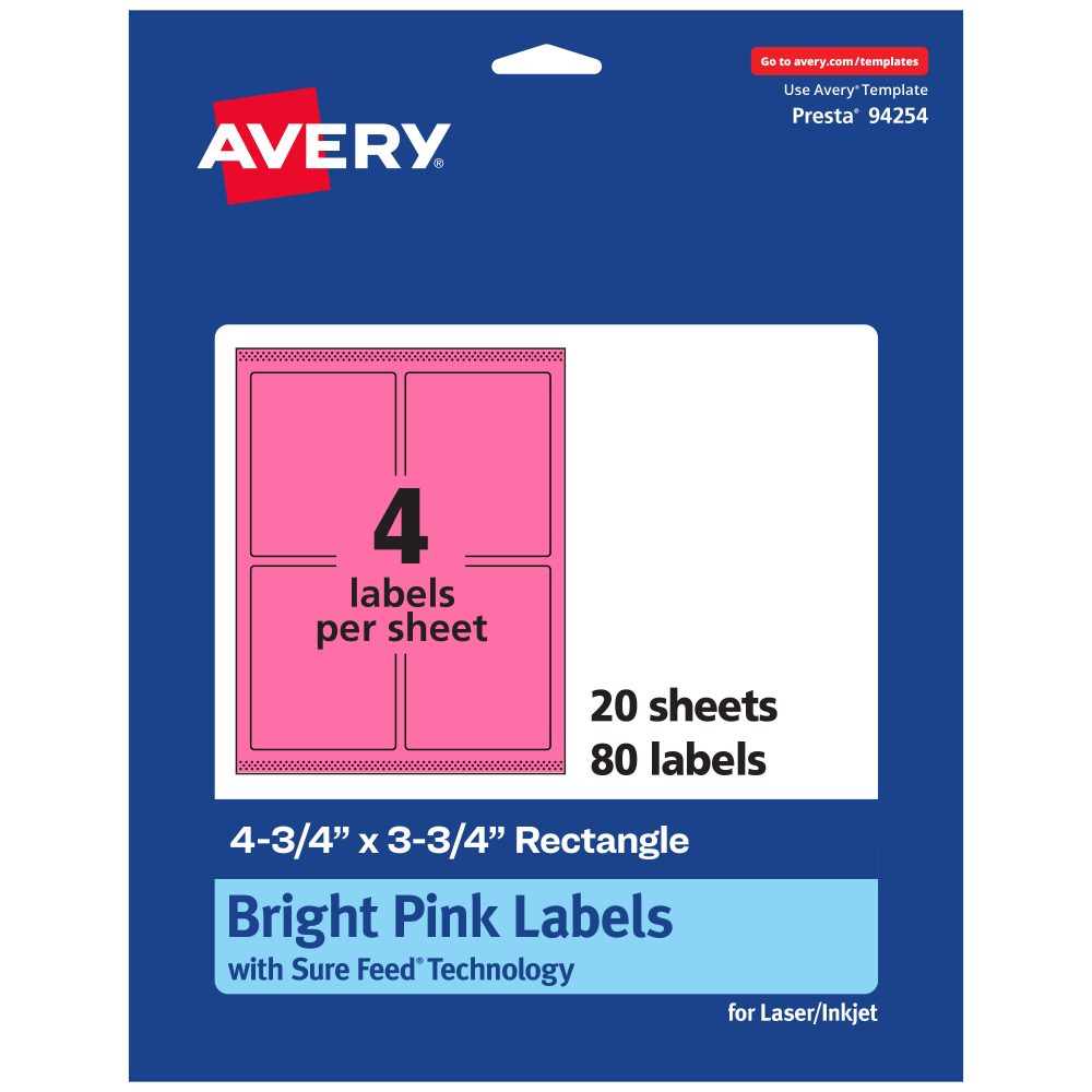 Avery Print-To-The-Edge Labels With Sure Feed Technology And Easy Peel, 94254-BPP20, Rectangle, 4-3/4in x 3-3/4in, Matte Bright Pink, Pack of 80