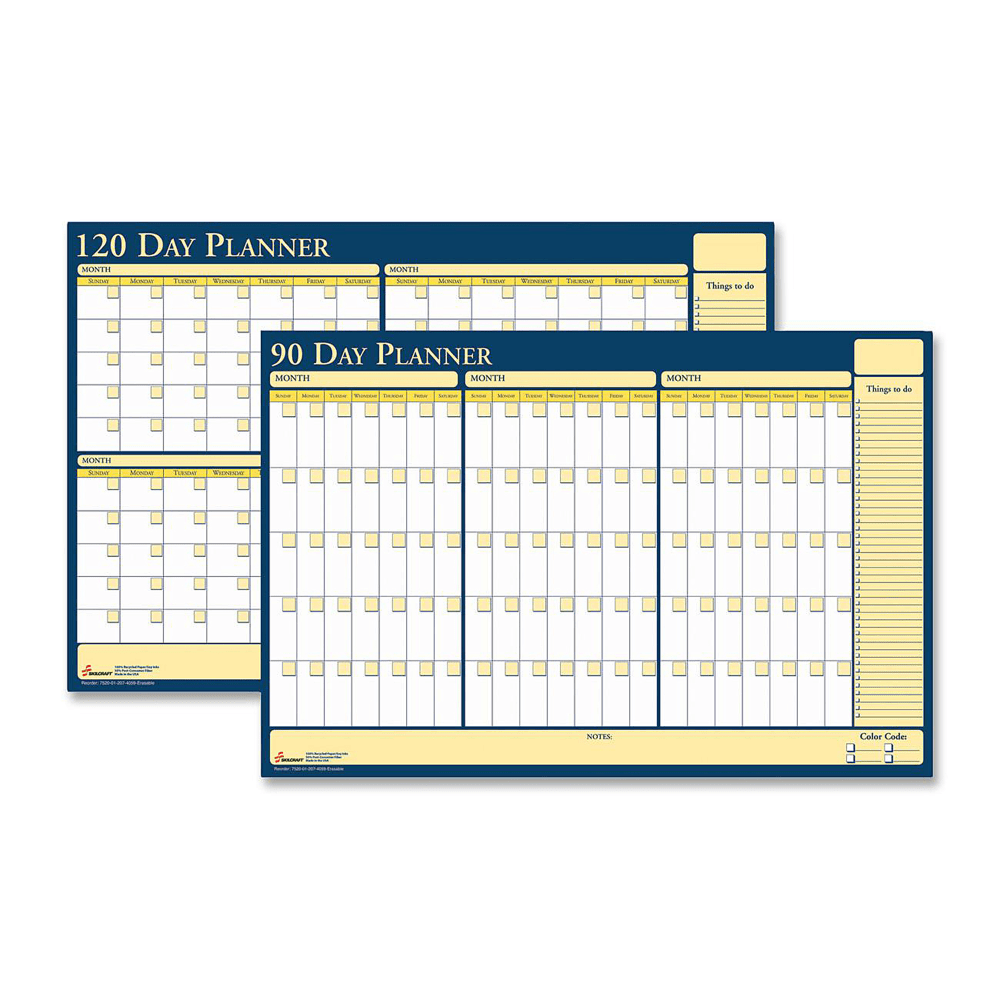 SKILCRAFT Monthly 2-Sided Erasable/Reversible Wall Planner, 36in x 24in, 70% Recycled, Blue/White/Yellow, 90-Day/120-Day (AbilityOne 7520-01-207-4059)