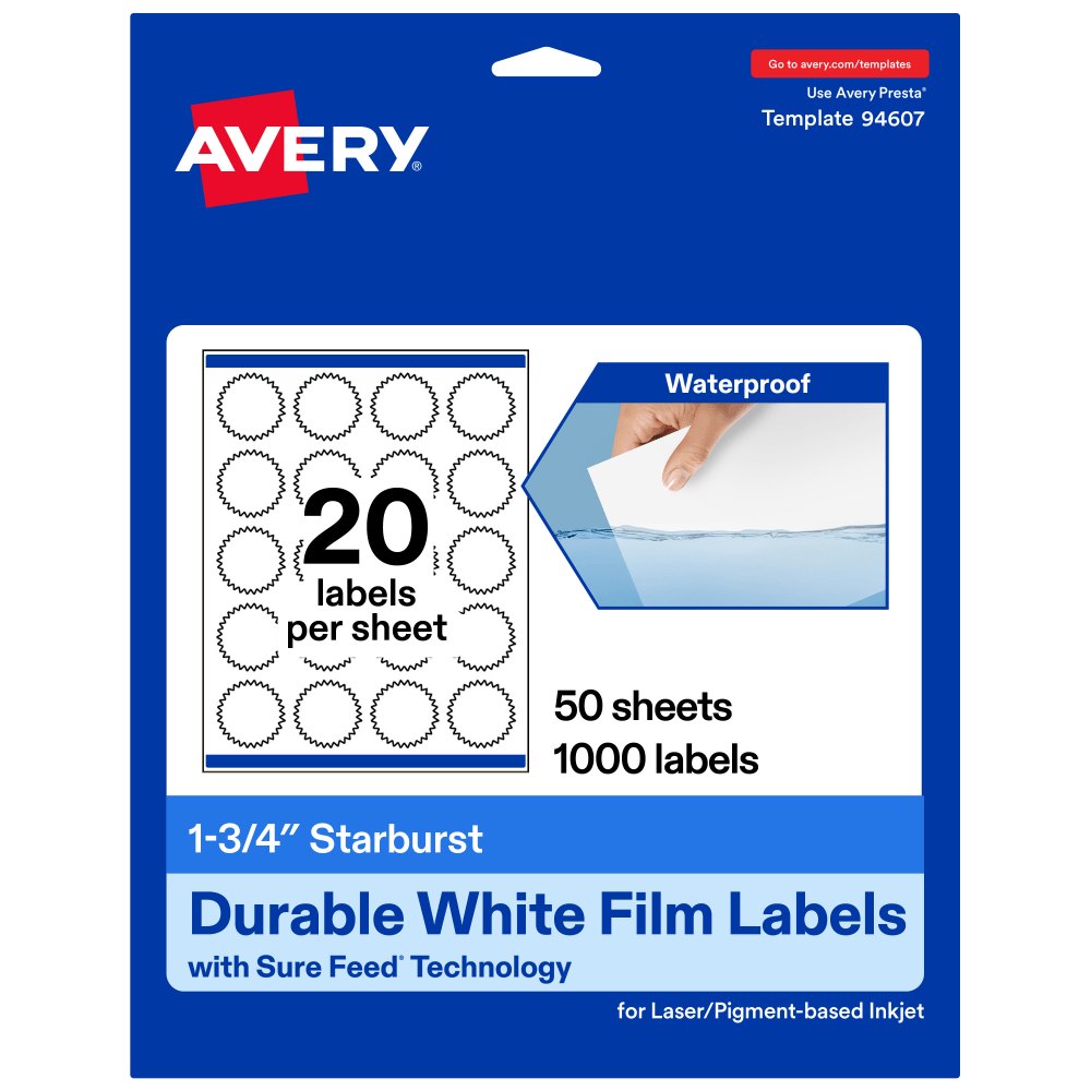 Avery Waterproof Permanent Labels With Sure Feed, 94607-WMF50, Starburst, 1-3/4in, White, Pack Of 1,000