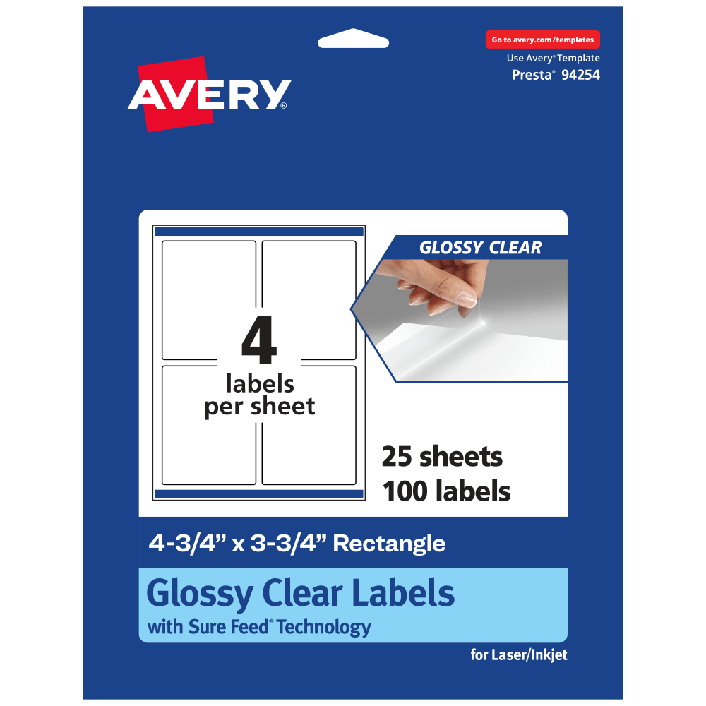 Avery Glossy Permanent Labels With Sure Feed, 94254-CGF25, Rectangle, 4-3/4in x 3-3/4in, Clear, Pack Of 100