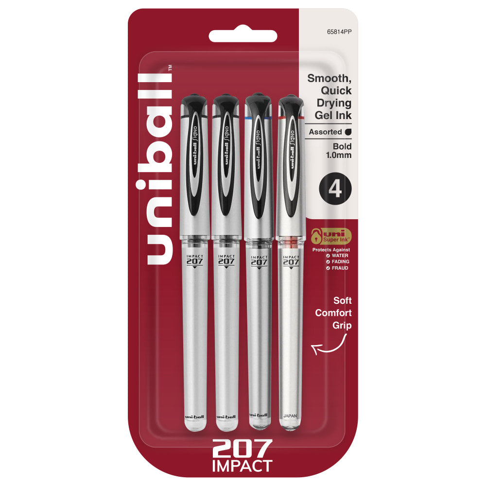 uni-ball 207 Impact Gel Pens, Bold Point, 1.0 mm, Assorted Barrels, Assorted Ink Colors, Pack Of 4