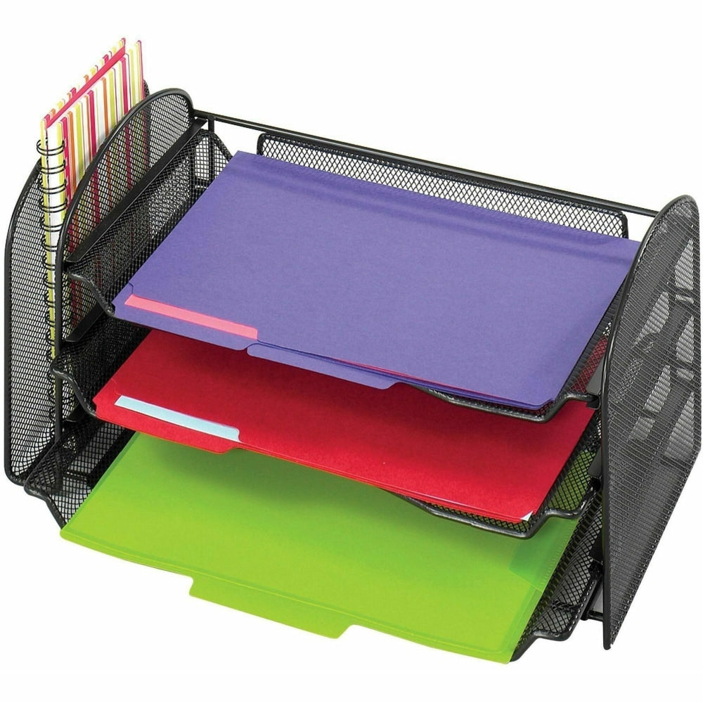 Safco Onyx 1 Upright/3 Tray Mesh Desk Organizer, 1 Pocket(s), 8inH x 17.25inW x 9inD, Desktop, Black