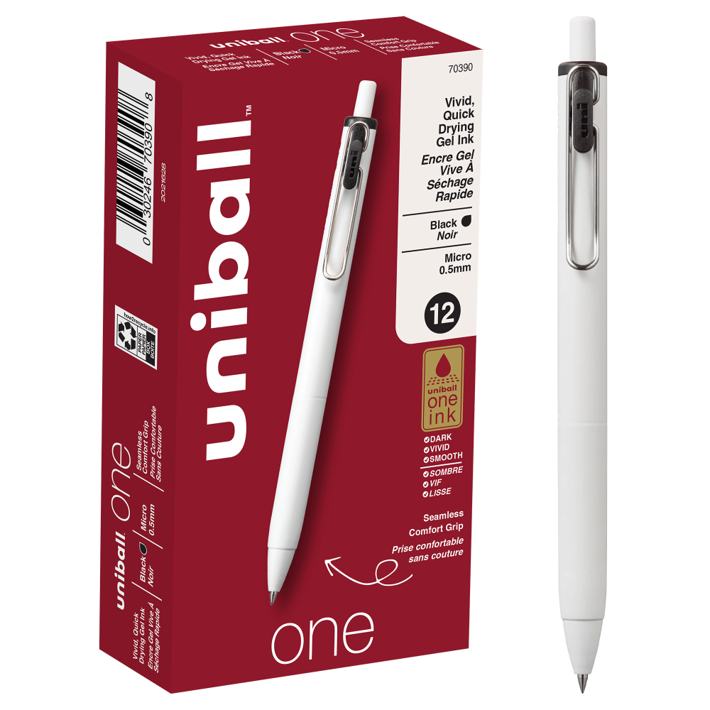 Uni-Ball One Retractable Gel Pens, Micro Point, 0.5 mm, White Barrel, Black Ink, Pack Of 12 Pens