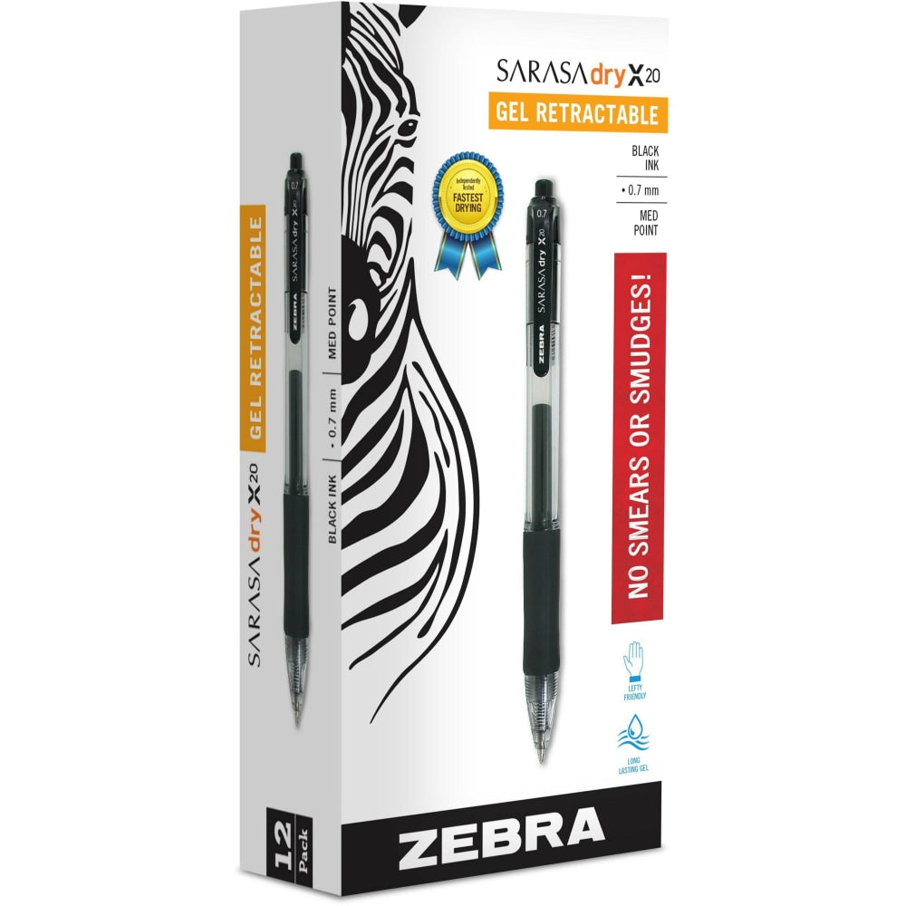 Zebra Pen SARASA Retractable Gel Pens, Pack Of 12, Medium Point, 0.7 mm, Clear Barrel, Black Ink