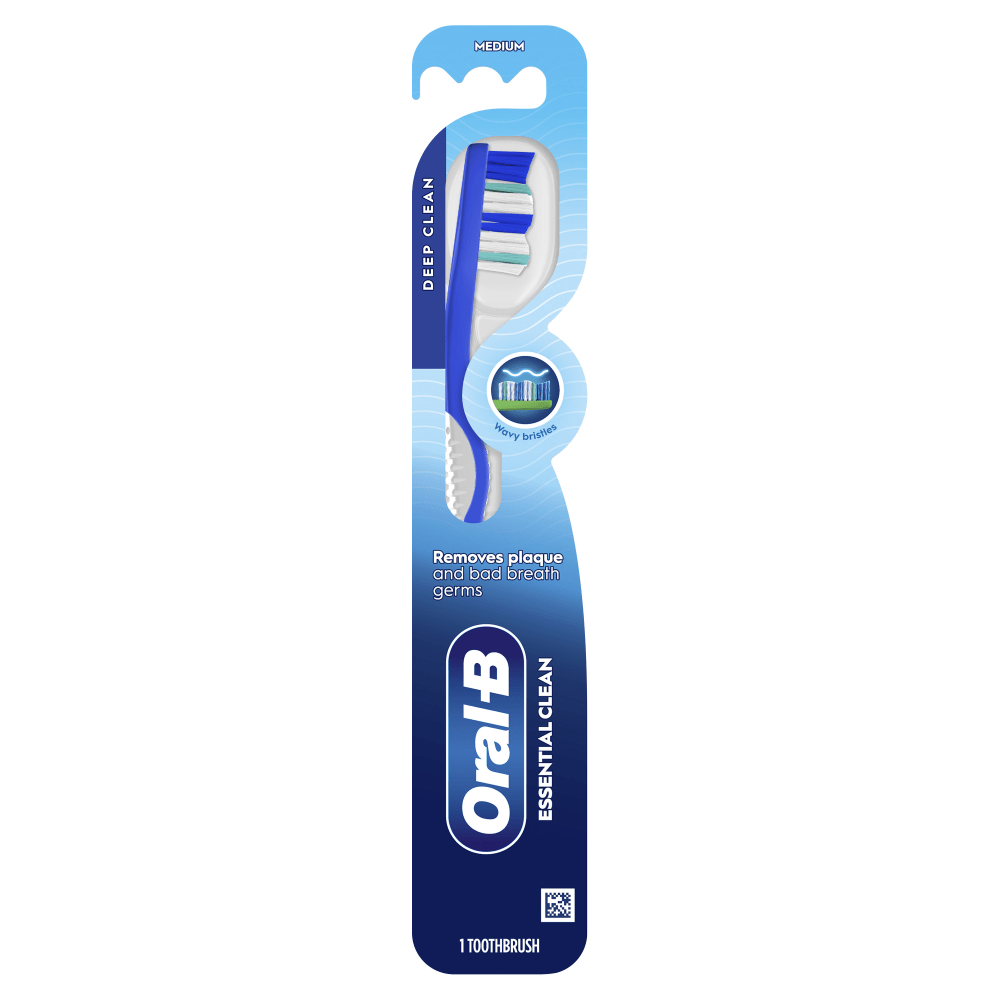 Oral B Essential Clean Toothbrushes, Medium, Blue, Case Of 72 Toothbrushes