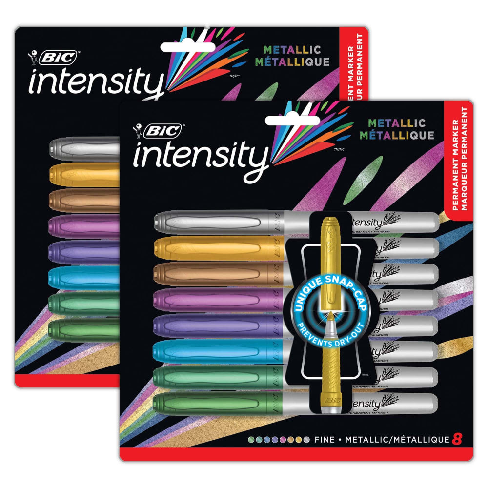 BIC Intensity Metallic Permanent Markers, Fine Point, Assorted Metallic, 8 Per Pack, Set Of 2 Packs