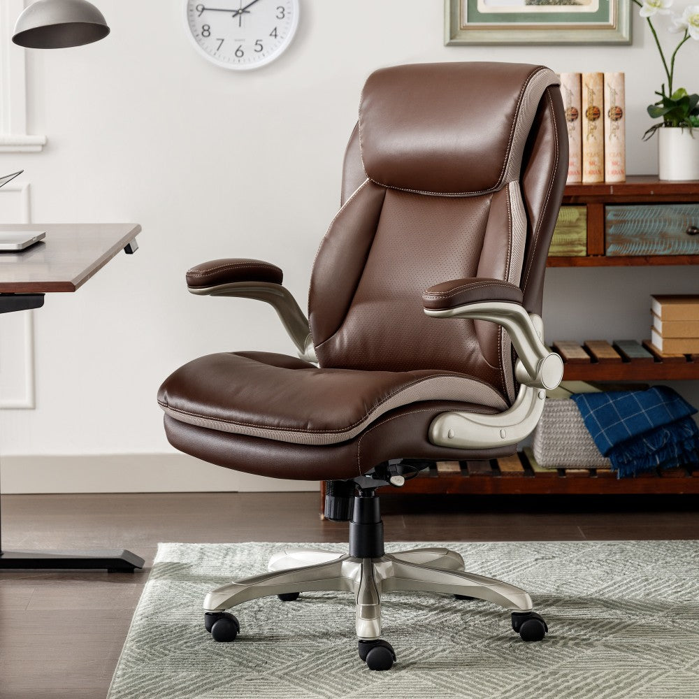 Serta Smart Layers Brinkley Ergonomic Bonded Leather High-Back Executive Office Chair, Brown/Silver