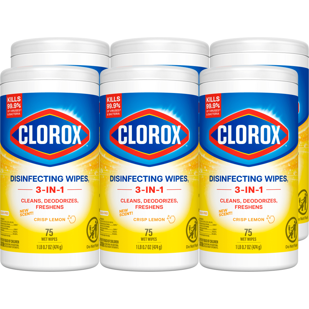 Clorox Disinfecting Wipes, Bleach Free Cleaning Wipes - Crisp Lemon - 75 Count (Pack of 6)