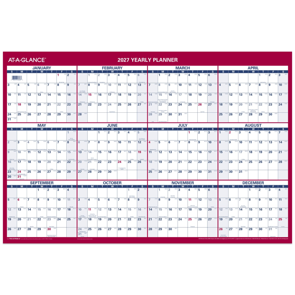 AT-A-GLANCE 2027 Vertical Horizontal Reversible Erasable Yearly Wall Calendar, Large, 24in x 36in