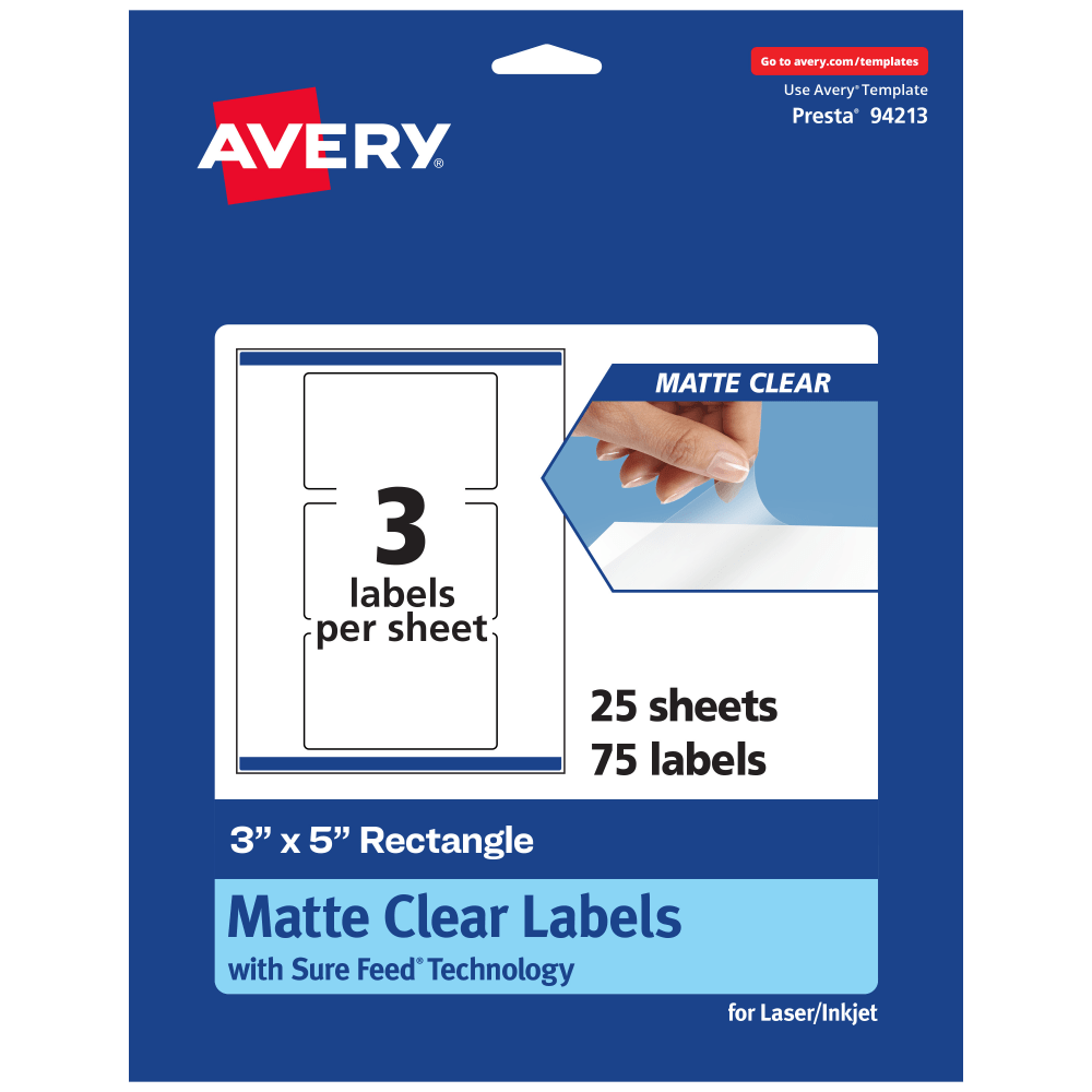 Avery Permanent Labels With Sure Feed, 94213-CMF25, Rectangle, 3in x 5in, Matte Clear, Pack Of 75