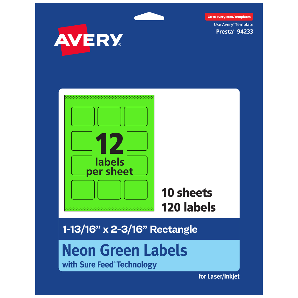 Avery Print-To-The-Edge Labels With Sure Feed Technology And Easy Peel, 94233-NGP10, Rectangle, 1-13/16in x 2-3/16in, Matte Neon Green, Pack of 120