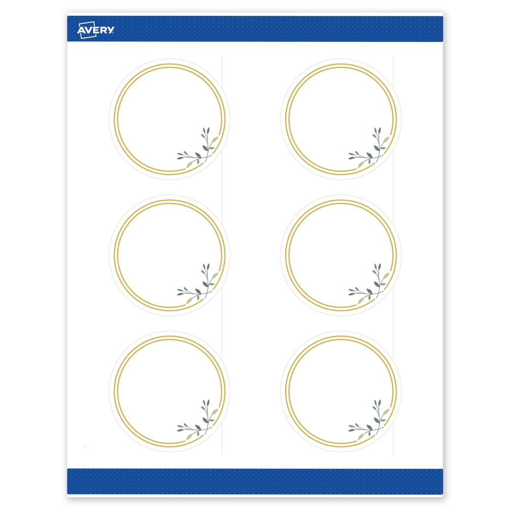 Avery Print-To-The-Edge Labels & Sure Feed, S00-DMR-PRWMP10, 3in Round, Matte White, Preprinted Double Gold Border & Floral Design, Pack Of 60