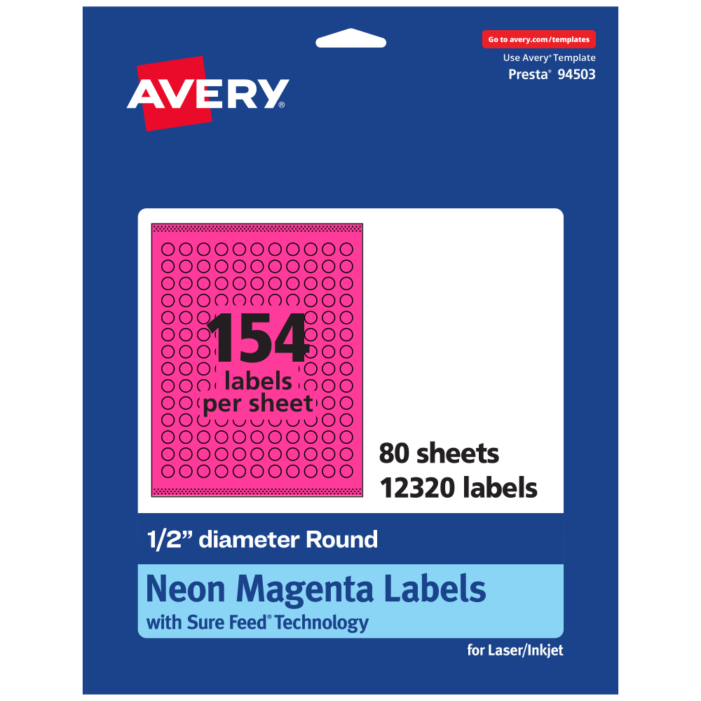 Avery Print-To-The-Edge Labels With Sure Feed Technology, 94503-NMP80, Round, 1/2in, Matte Neon Magenta, Pack of 12320