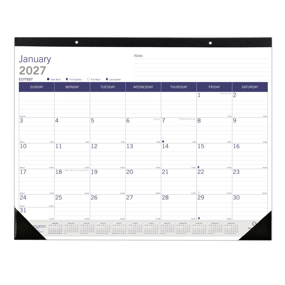 2027 Blueline DuraGlobe Monthly Desk Pad Calendar, 22in x 17in, Blue/White, January To December, C177227, Total Qty 1