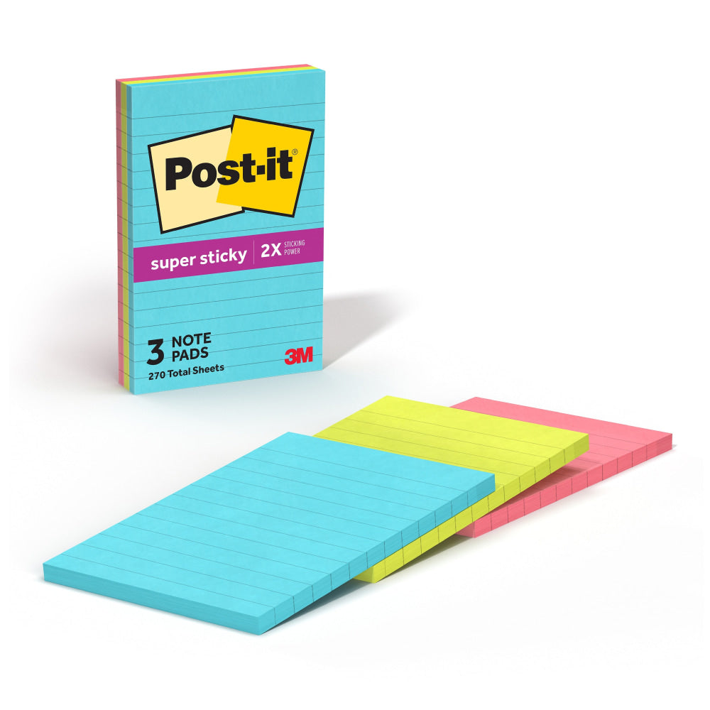 Post-it Super Sticky Notes, 4 x 6 in, 3 Lined Sticky Note Pads, 90 Sheets/Pad, 2X the Sticking Power, School and Office Supplies, Supernova Neons