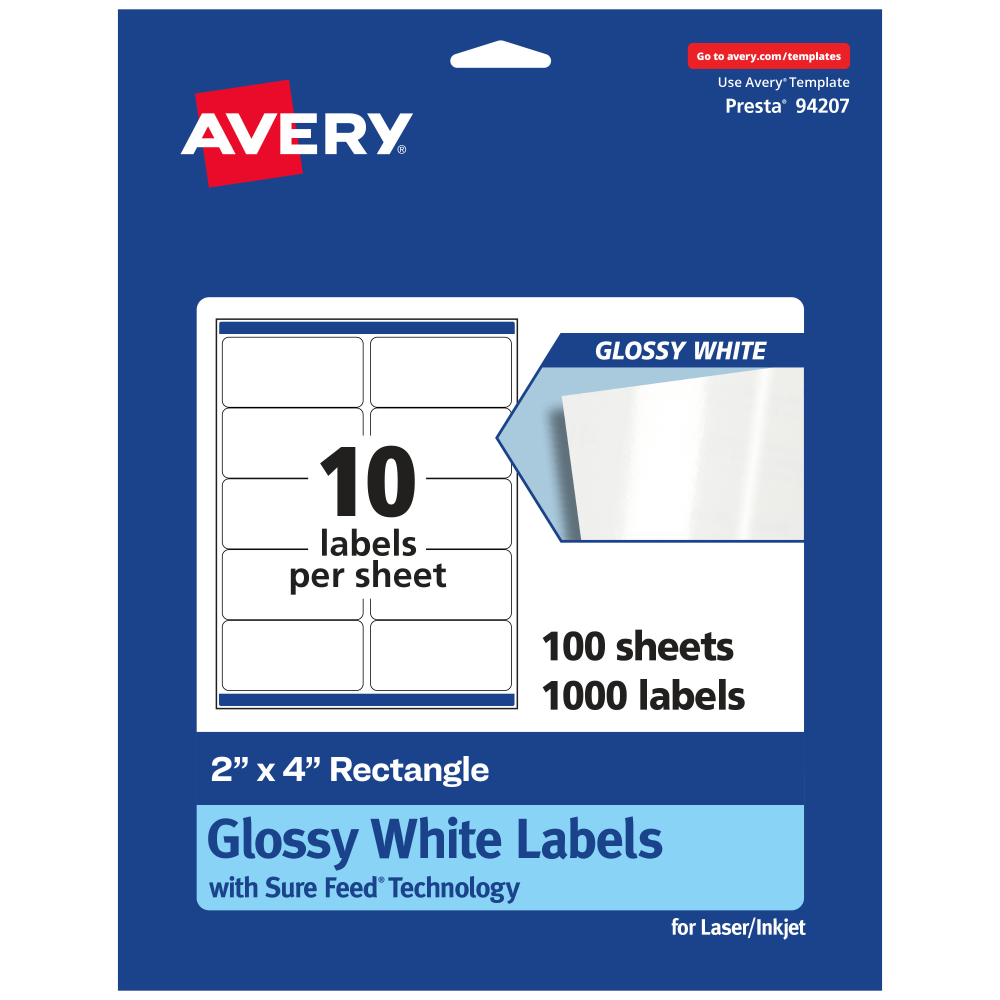 Avery Glossy Permanent Labels With Sure Feed, 94207-WGP100, Rectangle, 2in x 4in, White, Pack Of 1,000