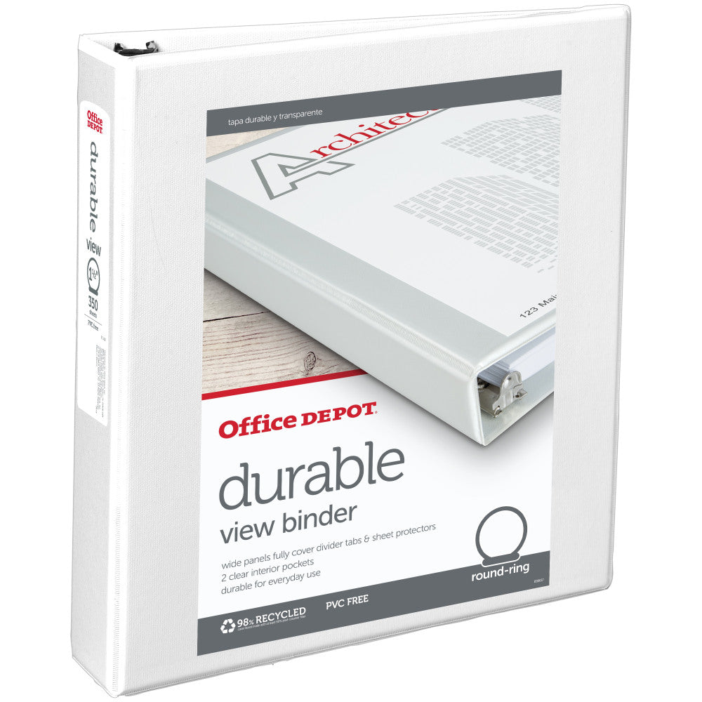 Office Depot Brand Durable View 3-Ring Binder, 1 1/2in Round Rings, White, OD02961