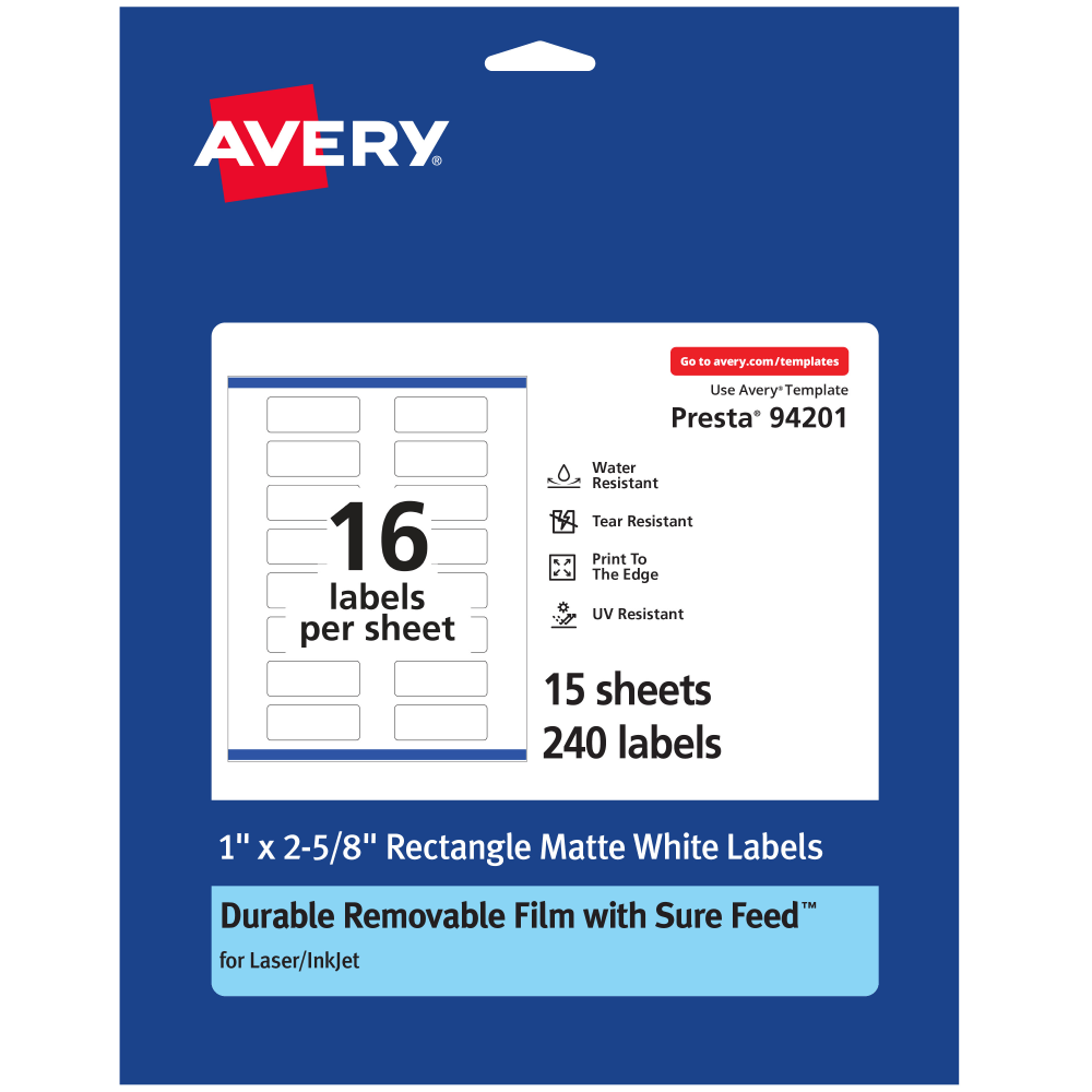 Avery Durable Removable Labels With Sure Feed, 94201-DRF15, Rectangle, 1in x 2-5/8in, White, Pack Of 240