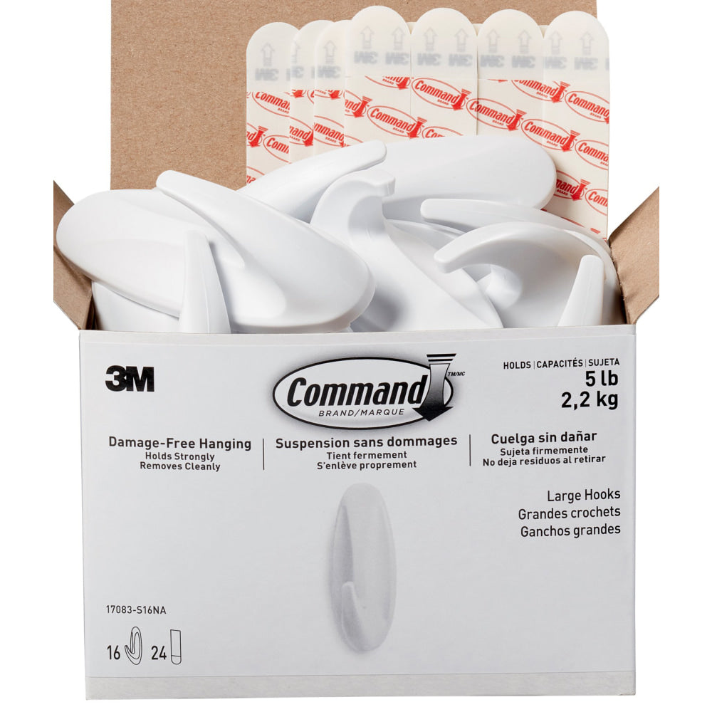 Command Large Wall Hooks, 16 Hooks, 24 White Adhesive Strips, Damage Free Hanging Picture Hangers, No Tools Wall Hanging for Back to School