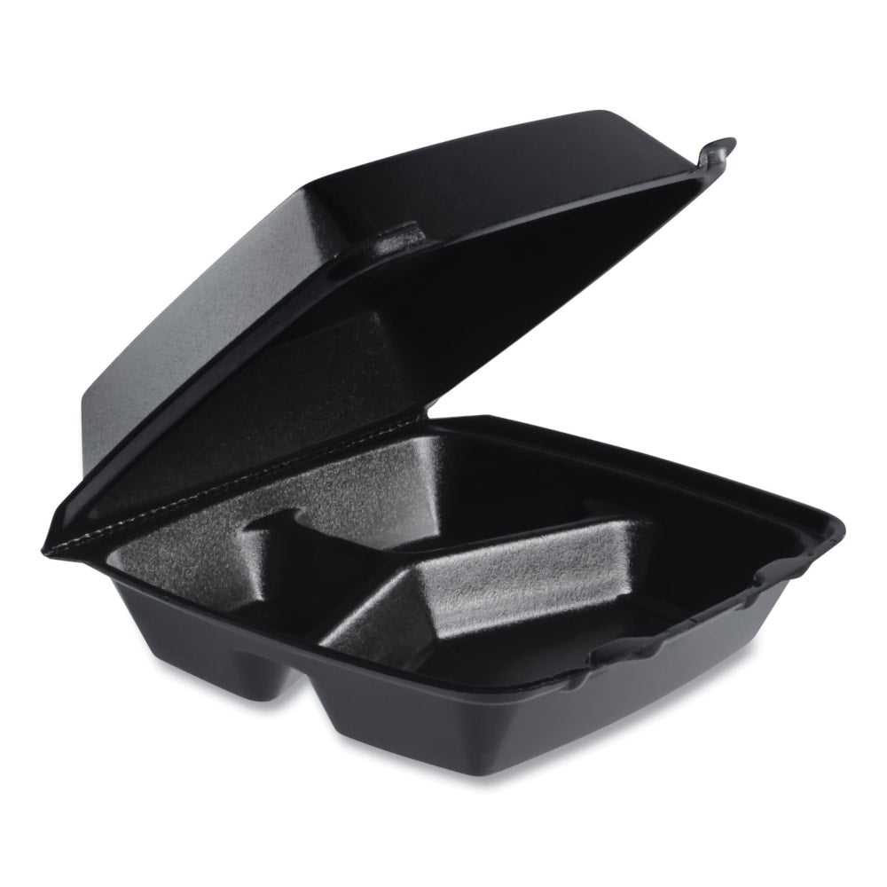 Dart Insulated Foam Hinged Lid Containers, 3 Compartments, 8-3/8inH x 8inW x 3-1/4inD, Black, Carton Of 200 Containers