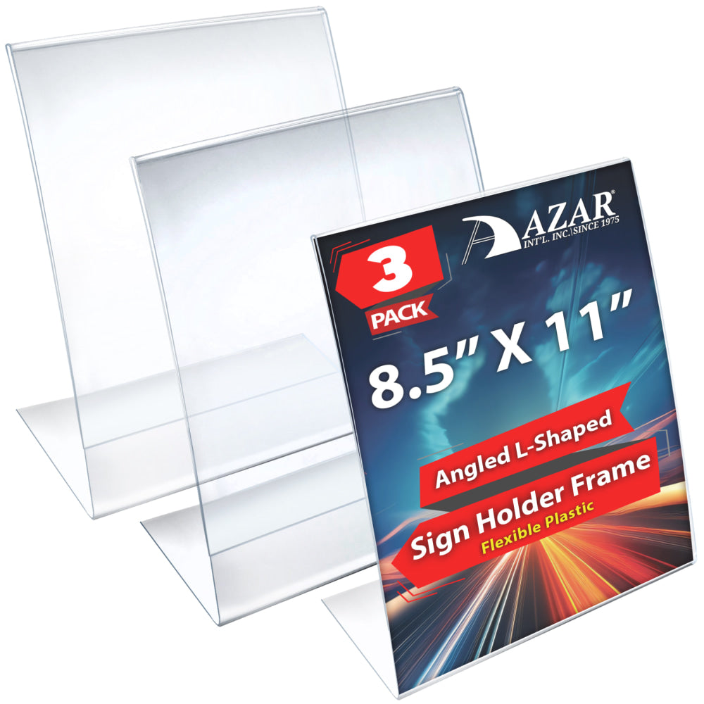 Azar Displays L-Shaped Flexible Plastic Vertical Sign Holders, 8-1/2in x 11in, Clear, Pack Of 3 Holders
